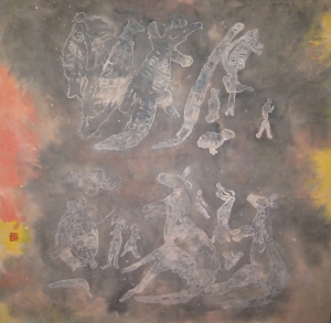 Aboriginal cave paintings (2015), 68 x 68 cm, ink and colour on paper