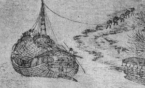 The boat is towed by a team of porters on the shore