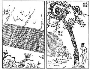 Image from the 15th-century technical document Tiangong Kaiwu (天工開物) detailing how pinewood is burned in a furnace at one end and its soot collected at the other