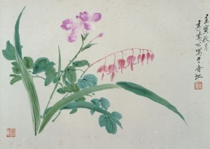 Li Fenggong, 1962, Flowers, 24 x 36 cm, ink and watercolour on paper. Inscriptions: 壬寅秋月 李鳳公寫于香江, Seal: 鳳公(朱紋), private collection