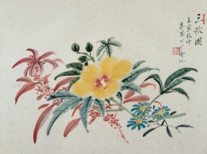 Li Fenggong, 1962, Three Autumn Flowers (三秋圖), 24 x 36 cm, ink and watercolour on paper. Inscriptions: 三秋圖 壬寅秋仲 李鳳公于香江, Seal: 鳳公(朱紋), private collection