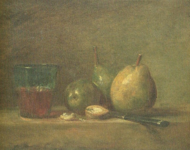 Jean-Baptiste-Siméon Chardin (1699 – 1779), 1869, Pears, Walnuts and a Glass of Wine, 1769 ?, oil on canvas, 33 x 41 cm, The Louvre