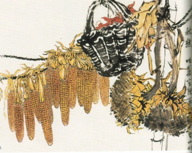 Guō Wèiqú 郭味蕖 (1908 – 1971), Corn on Cobs, a Basket of Water Caltrop and Dried Sunflowers, ink and watercolour on paper